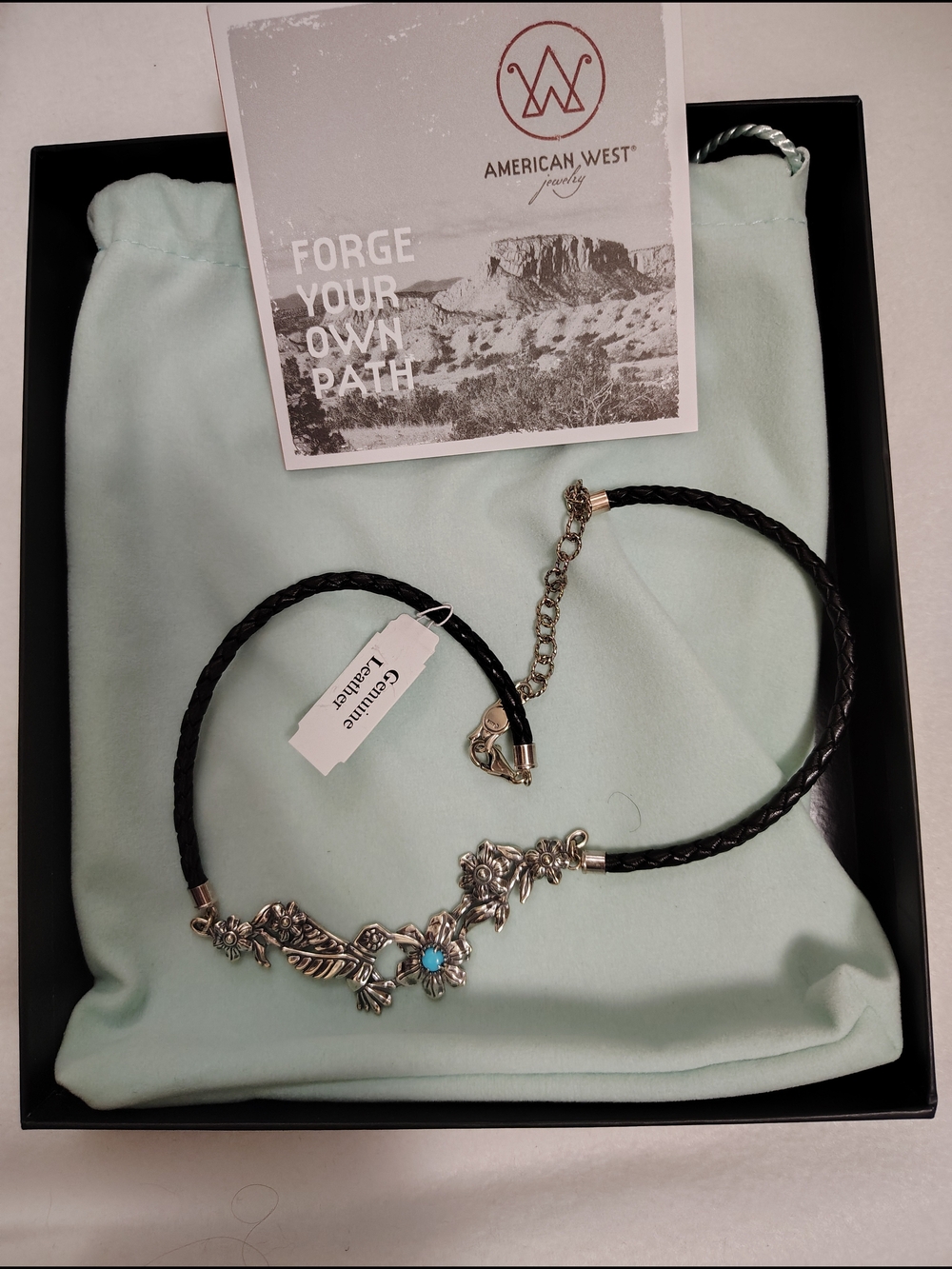 American West Genuine Leather Floral Turquoise Accent Choker Necklace NWT Box